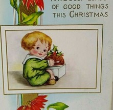 Christmas Postcard Whitney Child Seated Eating X-mas Pudding Vintage Embossed - £3.91 GBP