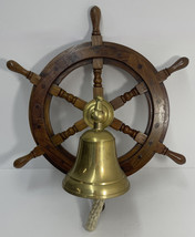 Antique Vintage Brass Wood Ships Wheel Wall Mount Bar Bell 16&quot; - £31.57 GBP