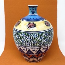 Southwest Pottery Vase Mexican Aztec Folk Art Design Boho Hand-painted 10”H - £51.03 GBP