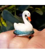 Handmade WHITE SWAN RING mini MINIATURE jewellery LAKE adjustable GIFT B... - $17.35 CAD