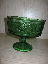 Green Glass Compote Pedestal Candy Dish Flower &amp; Leaf Design E O Brody 1... - $9.95
