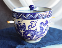 Blue White Dragon Ramen Bowl With Tempura Divider Condiment Lid Chopsticks Set - £23.16 GBP