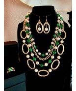 OOAK Handcrafted Pearl &amp; Green Beaded Drape Necklace Set - £25.57 GBP