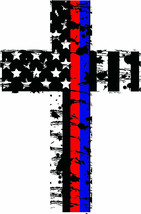 Thin Red Blue Line Distressed Americian Flag Police Firefighter Cross Decal - $4.94+