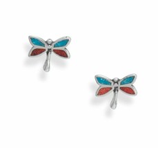 Elegant 925 Sterling Silver Coral &amp; Turquoise Chip Dragonfly Studs Women Earring - £54.83 GBP