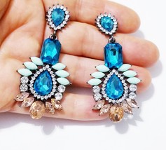 Aqua Chandelier Earrings, Rhinestone Prom Jewelry, Austrian Crystal Pageant Earr - £28.75 GBP