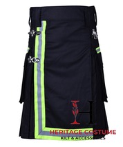 Scottish Firefighter Utility Kilt - Handmade Solid Black Hybrid Kilt For Men&#39;s - £55.02 GBP+
