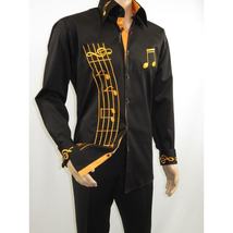 Men Axxess Turkey Shirt 100% Cotton Musical Note 224-56 French Cuffs Black Gold image 9