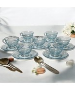 Vintage Azure Blue Fostoria Versailles Etched Glass Cups &amp; Saucers Seven... - $250.06 CAD
