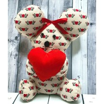 Teddy Bear Stuffed Animal Vintage Plush Handmade White Hearts Holly Pattern - £11.19 GBP