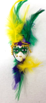 Fancy Painted Mask Fridge Magnet Bright Green Feathers Ceramic 1990s Vin... - $12.30