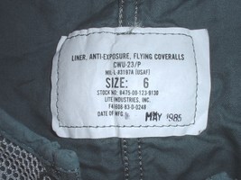 USAF US Air Force CWU-23 exposure liner size 6; May 1985 - $60.00