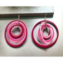 Pink Circles Earrings Vintage Multi Rings Dangle Retro 80s - $14.95