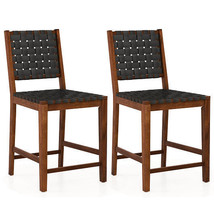Set of 2 Woven Bar Stools with Faux PU Leather Straps-Black - Color: Black - £195.03 GBP