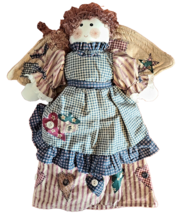 Vtg Country Angel Plush Doll Blue Gingham Tan Stripes Patchwork Dress 15&quot; - $25.54