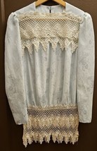 Vintage Soft Blue Jacquard Satin Lace Victorian Drop Waste Long Tunic Romantic - £63.30 GBP