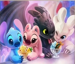 Stitch, Angel, Toothless &amp; Lightning On A Double Date Canvas Poster 12in x 16in - £9.87 GBP