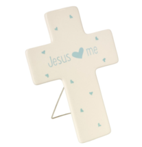 NEW Boy&#39;s Jesus Loves Me Ceramic Cross Blue Hearts 5.5 x7.5&quot; Baptism Gift - £22.01 GBP