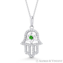 Hamsa Hand &amp; Star of David Simulated Emerald CZ Crystal &amp; 14k White Gold Pendant - £86.68 GBP+