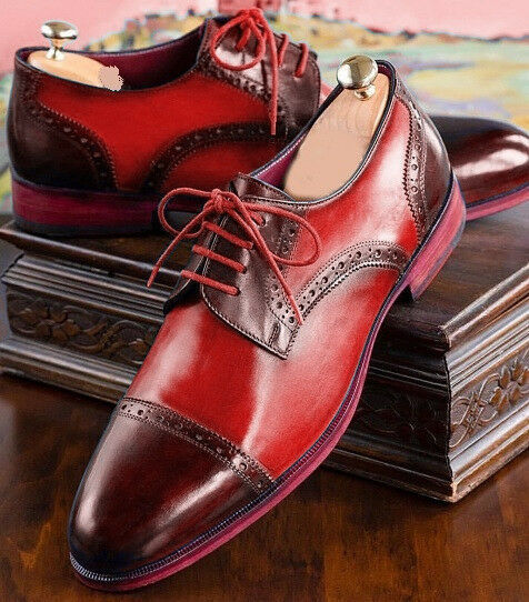 Men Two Tone Maroon Red Derby Rounded Cap Toe Real Leather Lace Up Shoes US 7-16