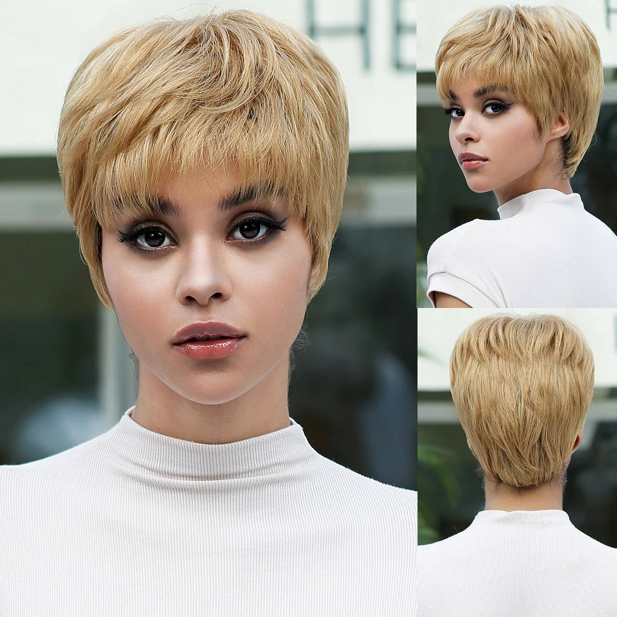 Golden Bob Pixie Cut Wig Cheap Human Hair Wig For Black Women Glueless Wig wi - £53.92 GBP+