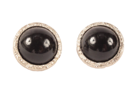 Black Button Style Earrings with Elegant Silver Look Bezel Pierced Vintage - £5.42 GBP