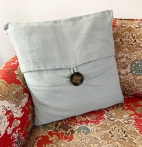 Pottery Barn Light Blue Linen Wood Button Pillow Cover Square 18 x 18 in - £15.10 GBP