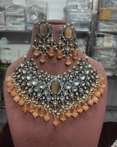 Indian Gold Plated Bollywood Style Orange Kundan Necklace Bridal CZ Jewelry Set - $237.49