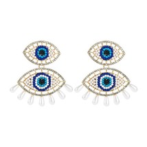 Lucky Eye  Tassel Alloy Blue Turkish Drop Earrings Gold Color Small Dangle Earri - £17.75 GBP