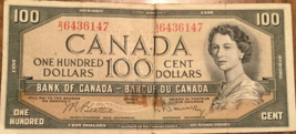 1954 BANK OF CANADA 100$ BANK NOTE - £129.81 GBP