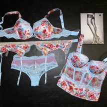 Victoria&#39;s Secret 34C Bombshell Bra Set+Garter+Corset Blue Red Poppy Shine Strap - £210.53 GBP