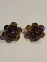 Vintage Italy 1950s Smokey Faceted Glass Bead Clip On Cluster Earrings - $26.11