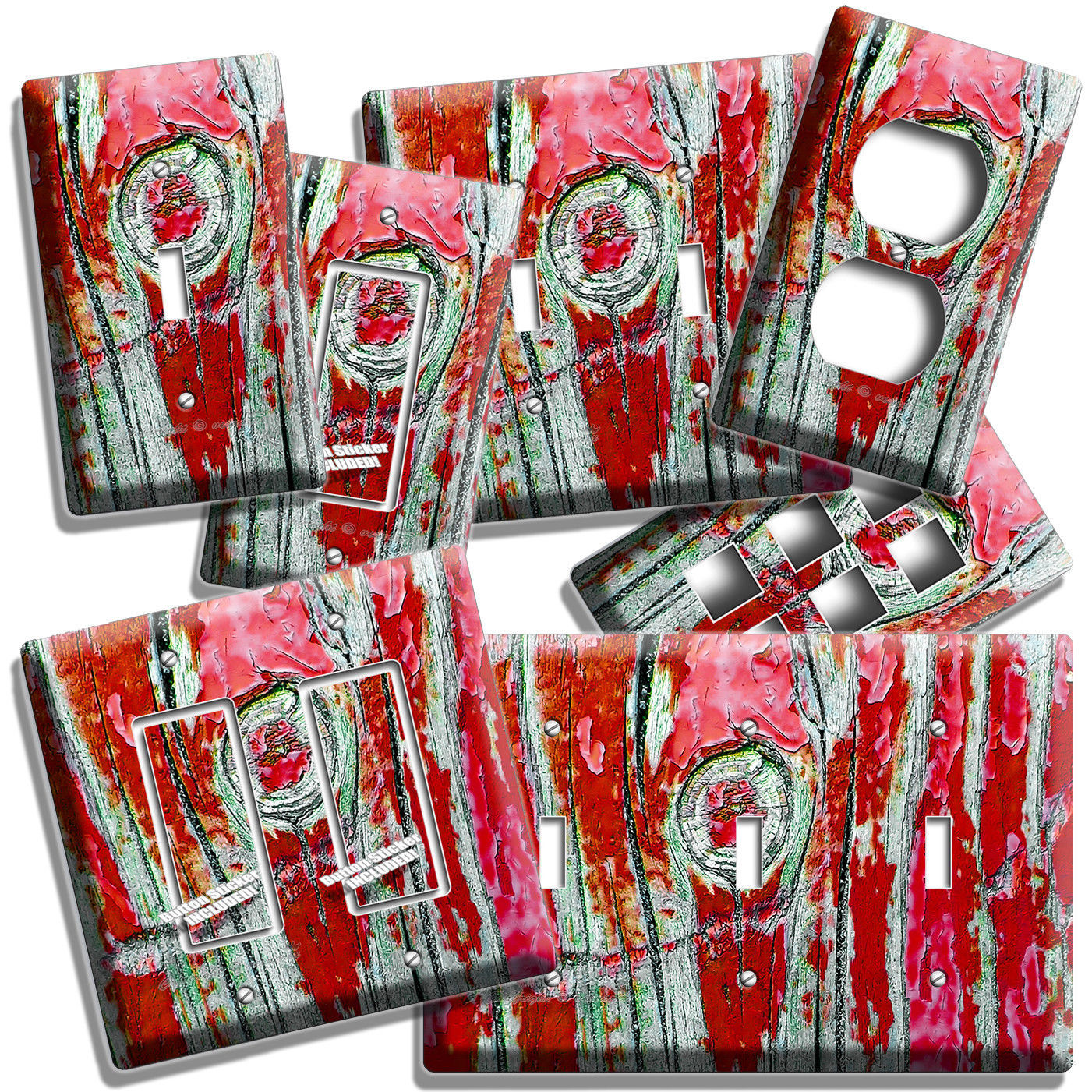 RUSTIC RED PAINT CRACKED WORN OUT WOOD LIGHT SWITCH OUTLET WALL PLATE ROOM DECOR
