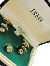 Signed Swank Vtg Cufflinks Set Tie Tack Pin Knot Over Green Gold Tone Formal IOB - £39.46 GBP