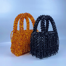 Handmade Beaded Bag Amber Acrylic Bead Tassel Retro Tote Evening Handbag - £60.73 GBP
