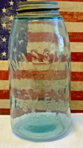 Vtg Mason&#39;s Keystone Atlas Glass Jar Raining Blue Glass Lidded Pat Nov 30th 1858 - £103.87 GBP