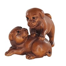 Vintage Japanese Netsuke Puppy Dogs Playing Boxwood Carved Figurine Signed - £27.52 GBP