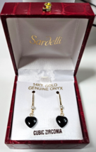 Sardelli 14kt Yellow Gold  CZ &amp; Onyx Heart Dangle Hook Earrings   1.25&quot; - $183.15