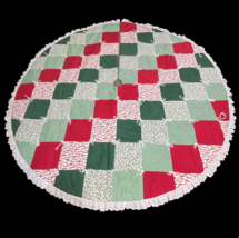 Vintage Handmade Patchwork Quilt Christmas Tree Skirt 58 Inches Holly &amp; ... - $25.99