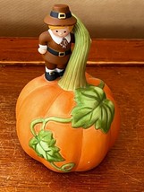 Avon Marked Cute Pilgrim Perched on Orange Pumpkin w Green Vine Ceramic ... - £9.02 GBP