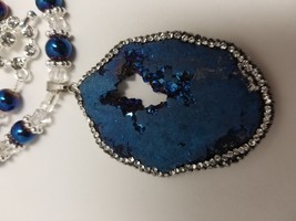 Blue Druzy Quartz Necklace with Blue and Clear Glass Beads - £39.96 GBP