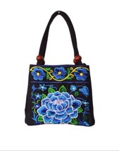 Womens Girls Small Embroidered Floral Handbag Purse Black Blue Wood Beads - $10.88