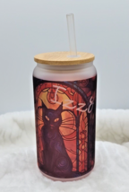 Izzy The Black Cat 16 oz Glass Can Tumbler with Bamboo Lid and Straw - £10.17 GBP