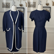 Vintage Mix &amp; Match Dark Blue Sheath Dress Long Blazer Ivory Trim XS - $31.68