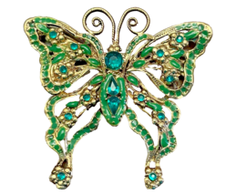 Brooch Butterfly Pin Green Gold Tone 3 In by 3 In Colorful Rhinestones S... - £13.86 GBP