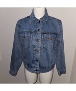 Biker Blues Harley Davidson Cropped Denim Jacket Embroidered Flags Ladies Small - $98.95