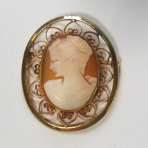 Vintage Signed Catamore 12K GF Carved Shell Cameo Oval Brooch 1.5&quot; x 1.25&quot; - £27.25 GBP
