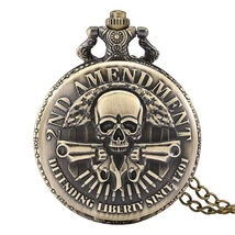 2nd Amendment Bronze Skull Pocket Watch With Necklace Chain Ships from USA - $11.95