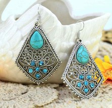 Big Tibetan Silver Earrings Women Inlayed Waterdrop Shape Turquoise Earrings - £8.75 GBP