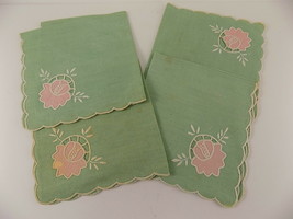 Vintage Handkerchief 4 Green Scalloped Edged Pink Flower Cut Work 11 x 9.5&quot; - £5.44 GBP